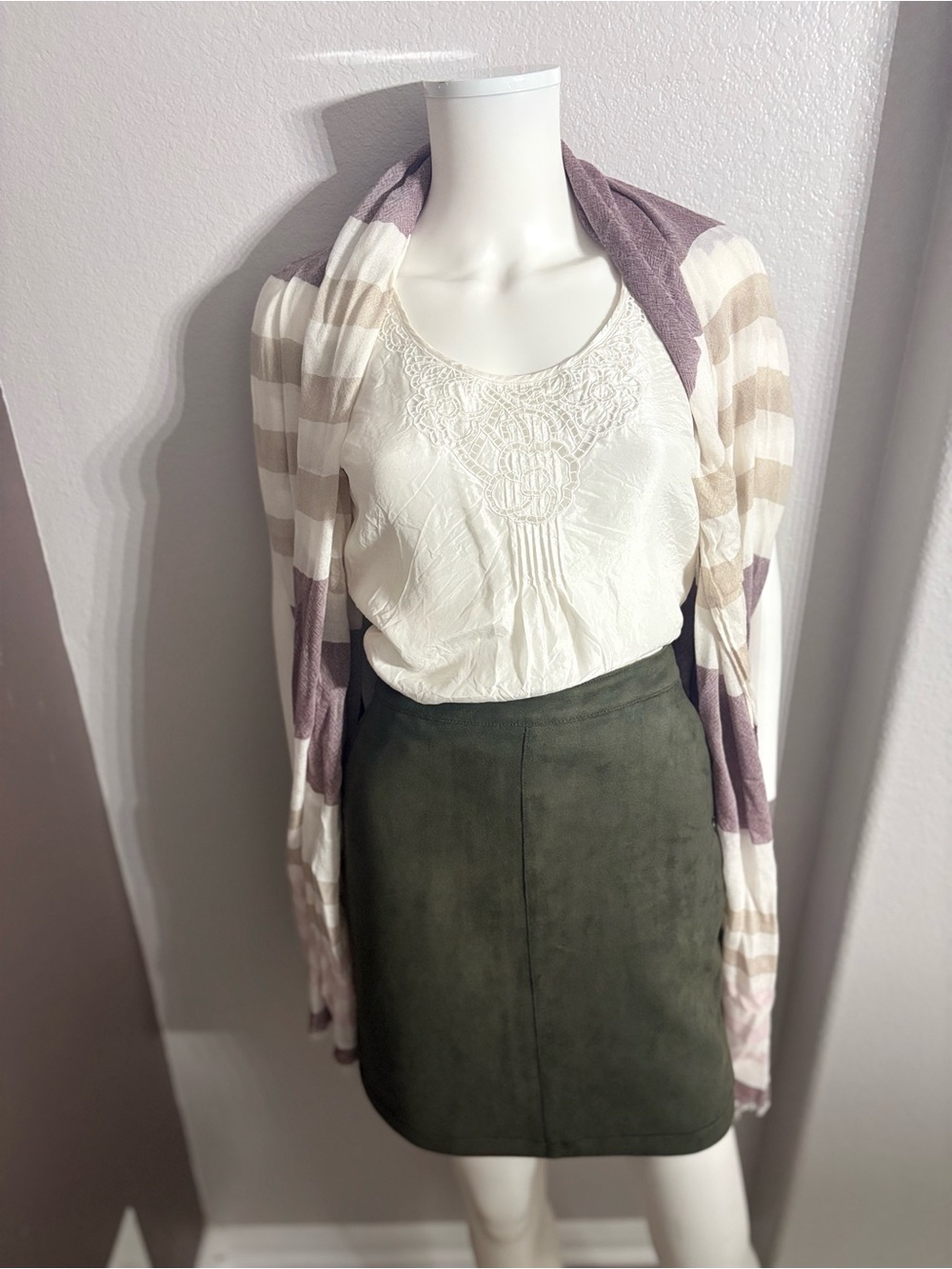 Striped Lightweight Scarf in Lavender, Cream & Taupe - Picture 3 of 3
